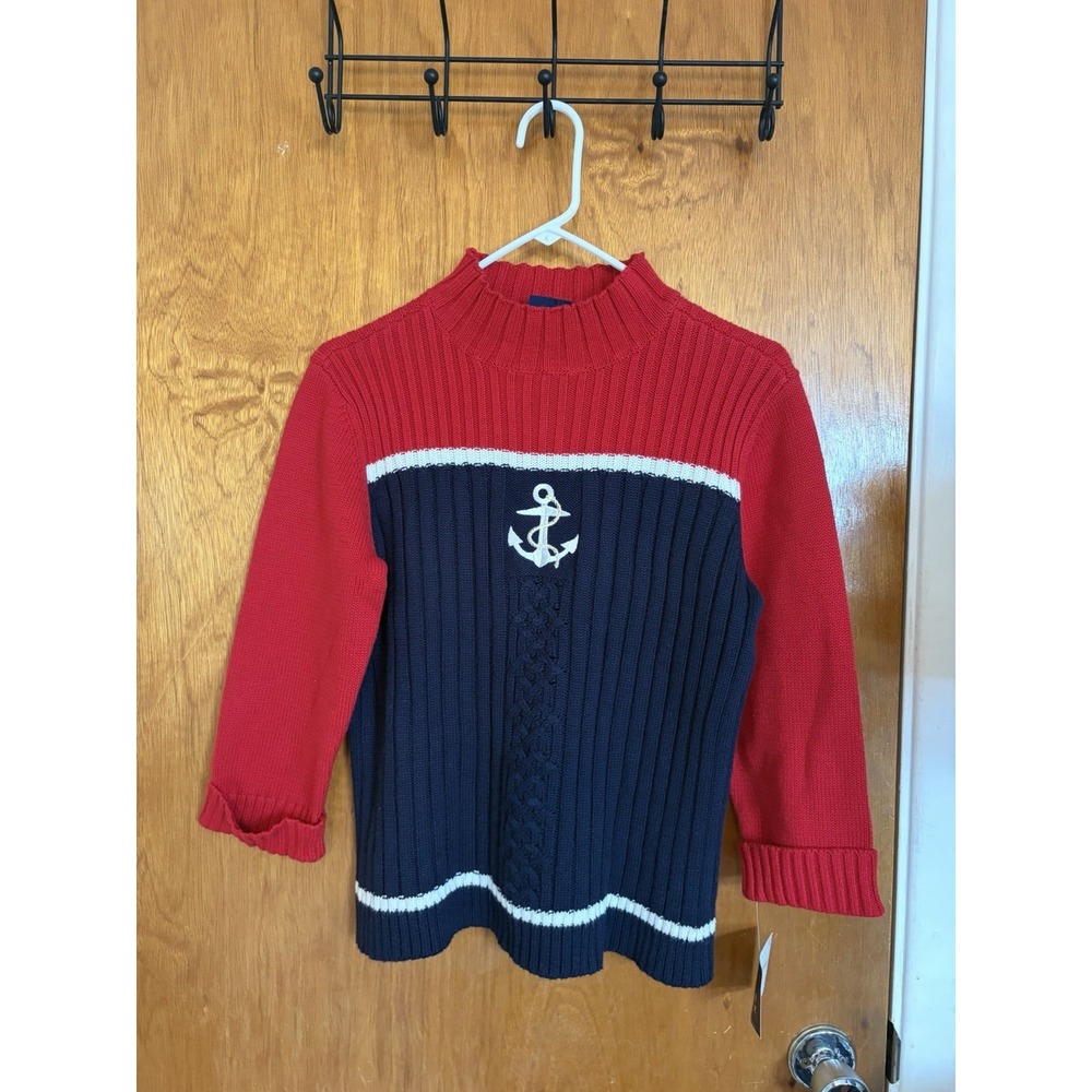 NWT Y2K Crazy Horse Liz Claiborne Knit Sweater M Nautical Anchor Red Navy
